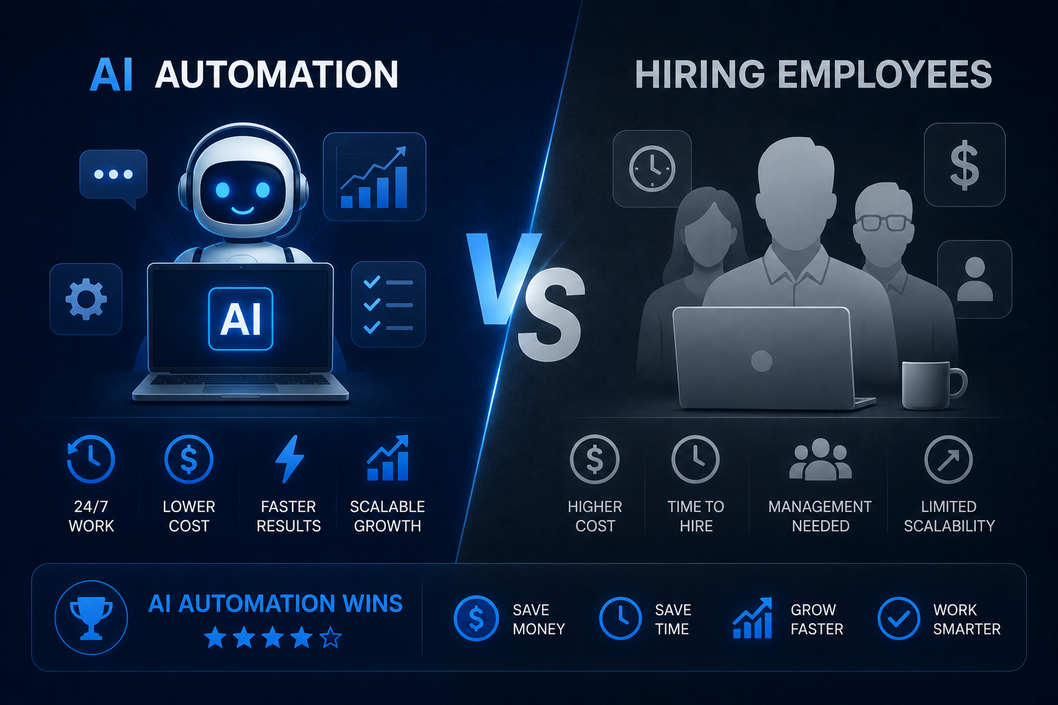 Business decision visualization comparing AI automation and human hiring
